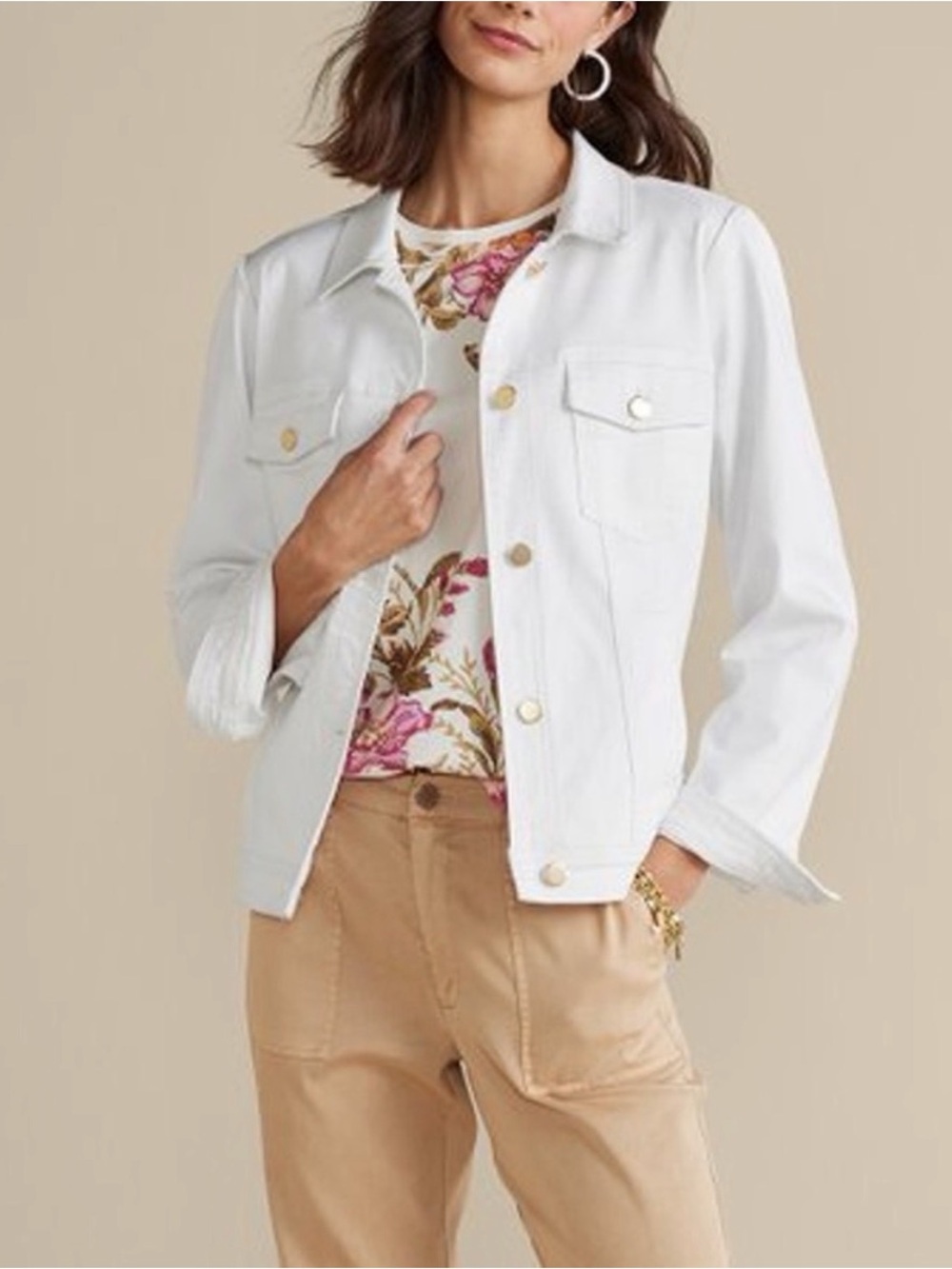 Soft Surroundings White Denim Jacket Ruched Shoulder Stretch Size XL